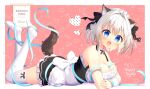  1girl :d animal_ears aoi_yun apron bare_shoulders between_breasts black_bow black_dress blue_eyes blush bow breasts cat_ears cat_girl cat_tail cleavage dress fang frilled_apron frilled_dress frills hair_bow hair_intakes legs_up looking_at_viewer lying maid maid_headdress medium_breasts no_shoes on_stomach open_mouth original pink_background pleated_dress smile soles solo tail thighhighs white_apron white_hair white_legwear wrist_cuffs 