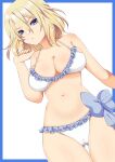  1girl ass_visible_through_thighs bangs bikini blonde_hair blue_bow blue_eyes bow bow_bikini breasts cleavage closed_mouth commentary_request cowboy_shot dutch_angle frilled_bikini frills frown girls_und_panzer glaring half-closed_eyes halterneck hand_in_hair highres large_breasts looking_at_viewer medium_hair messy_hair navel oshida_(girls_und_panzer) partial_commentary solo standing swimsuit thigh_gap utani_(punishment) white_background white_bikini 