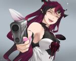  1girl aiming_at_viewer closed_eyes dress gun handgun highres holding holding_gun holding_weapon hololive hololive_english horns irys_(hololive) long_hair multiple_horns open_mouth pistol pointy_ears red_hair shaded_face sleeveless sleeveless_dress smile solo swoosh twitter_username upper_body virtual_youtuber weapon 