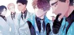  5boys alternate_costume black_gloves black_hair brown_eyes brown_hair closed_mouth dress_shirt eyebrows formal gloves haikyuu!! hanamaki_takahiro highres iwaizumi_hajime jacket jewelry kunimi_akira looking_away male_focus matsukawa_issei mgmg_1012 multiple_boys necklace oikawa_tooru_(haikyuu!!) shirt short_hair 