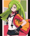  1girl ace_trainer_(pokemon) bangs batchgooya black_gloves black_skirt closed_mouth commentary_request eyelashes fingerless_gloves gloves green_eyes green_hair hand_on_hip hand_up high_collar highres jacket long_hair open_clothes open_jacket pokemon pokemon_(game) pokemon_oras shirt short_sleeves skirt solo white_shirt 