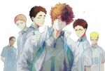  6+boys black_hair blonde_hair brown_eyes brown_hair closed_mouth eyebrows frown haikyuu!! hanamaki_takahiro highres iwaizumi_hajime jacket kyoutani_kentarou looking_at_viewer male_focus matsukawa_issei mgmg_1012 multicolored_hair multiple_boys oikawa_tooru_(haikyuu!!) smile sportswear track_jacket two-tone_hair volleyball_uniform watari_shinji_(haikyuu!!) 