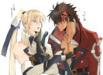  2boys blonde_hair blue_eyes brown_hair forehead_protector guilty_gear guilty_gear_xrd jacket kishiro_yutaka ky_kiske long_hair multiple_boys muscular muscular_male ponytail sol_badguy yaoi 