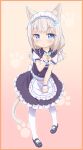  1girl absurdres animal_ear_fluff animal_ears apron bangs bell black_dress black_footwear blue_eyes blunt_bangs blush brown_hair cat_ears cat_girl cat_tail child clenched_hands dress eyebrows_visible_through_hair highres jingle_bell keven_(ewdx3754) long_hair low_twintails maid_headdress mary_janes nekopara open_mouth pantyhose ribbon shoes short_sleeves solo tail twintails vanilla_(nekopara) waist_apron waitress white_apron white_legwear younger 