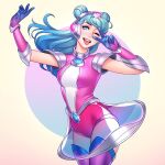  1girl arm_up armor bangs blue_background blue_gloves blue_hair boots breasts cowboy_shot double_bun dress floating_hair gloves gradient_hair green_hair hand_up headgear large_breasts league_of_legends leotard long_hair looking_at_viewer lux_(league_of_legends) multicolored_hair one_eye_closed open_mouth pink_eyes pink_gloves pink_leotard purple_gloves see-through shiny shoulder_armor smile solo space_groove_lux thigh_boots thighhighs tongue tongue_out tsuaii upper_teeth v white_background white_leotard 