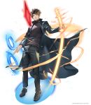  1boy black_coat black_footwear black_hair black_pants black_shirt brown_eyes coat crystal energy_sword highres holding holding_sword holding_weapon leenim long_coat looking_at_viewer lord_of_dice magic male_focus official_art open_clothes open_coat pants shirt shoes short_hair solo sword tower_of_god twenty-fifth_bam weapon white_background 
