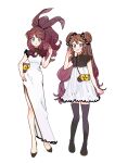  2girls alternate_costume bangs bare_arms black_footwear blue_eyes blush brown_hair closed_mouth commentary_request curly_hair double_bun dress eyebrows_visible_through_hair eyelashes hagetapo hand_on_hip hand_up high_ponytail hilda_(pokemon) knees long_hair multiple_girls parted_lips pokemon pokemon_(game) pokemon_bw pokemon_bw2 rosa_(pokemon) shoes sidelocks smile tied_hair twintails white_dress 