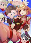  1girl bangs black_gloves breasts chest_jewel earrings fingerless_gloves gloves jewelry katwo kirby kirby_(series) large_breasts morag_ladair_(xenoblade) nia_(xenoblade) pyra_(xenoblade) red_eyes red_hair red_legwear red_shorts rex_(xenoblade) short_hair short_shorts shorts super_smash_bros. swept_bangs thighhighs tiara tora_(xenoblade_2) xenoblade_chronicles_(series) xenoblade_chronicles_2 zeke_von_genbu_(xenoblade) 