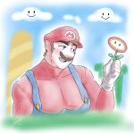  1boy alternate_pectoral_size bara blue_eyes blush brown_hair cloud facial_hair flower fross2art holding holding_flower large_pectorals long_sideburns male_focus mario mario_(series) muscular muscular_male mustache overalls pectorals red_headwear red_shirt shirt short_hair sideburns solo thick_eyebrows upper_body 