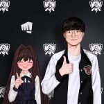  1boy 1girl :d absurdres asian black_dress black_neckwear black_ribbon blush brown_hair closed_eyes closed_mouth collared_shirt dress elisia_valfelto eyebrows_visible_through_hair facing_viewer faker_(gamer) glasses hair_intakes highres league_of_legends long_hair looking_at_viewer luicent neck_ribbon open_mouth original real_life real_life_insert ribbon round_eyewear shirt short_hair sk_telecom_t1 smile thumbs_up v white_shirt wing_collar 