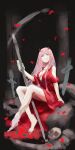  1girl :p absurdres bare_legs barefoot breasts cleavage darling_in_the_franxx dress eyeshadow green_eyes highres holding holding_scythe horns jewelry latin_cross long_hair looking_at_viewer makeup medium_breasts necklace pink_hair red_dress runemill scythe sitting sketch skull smile solo tombstone tongue tongue_out zero_two_(darling_in_the_franxx) 