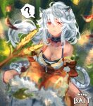  1girl ? animal_ears breasts cat_ears cat_tail cat_teaser cleavage closed_mouth commentary english_commentary grey_hair highres ladica_(shadowverse) long_sleeves looking_at_viewer medium_breasts ponytail red_eyes runemill shadowverse sitting solo spoken_question_mark tail 