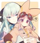  2girls ? artist_name baggy_clothes bangs black_bow blue_eyes blush bow closed_mouth commentary_request dress eyebrows_visible_through_hair fate/grand_order fate_(series) fingernails habetrot_(fate) hair_bow hat holding holding_another hood hood_down hug hug_from_behind long_hair long_sleeves morgan_le_fay_(fate) multiple_girls orange_headwear parted_bangs pink_hair pointy_ears red_eyes sidelocks silver_hair size_difference speech_bubble upper_body white_dress yuzuki_gao 