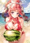  1girl akino_(princess_connect!) armband bangs bare_shoulders beach between_breasts bikini bow breast_press breasts chain closed_mouth cloud collarbone curly_hair eyebrows_visible_through_hair food fruit gem hair_bow hair_ornament highres holding holding_food jewelry large_breasts necklace nipples ocean off_shoulder parted_bangs princess_connect! purple_eyes red_bikini red_hair sand see-through sky solo standing sun swimsuit thighs tied_hair vangee water watermelon waves 