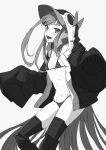  1girl :d bikini blush breasts fate/grand_order fate_(series) greyscale highres hood hood_up long_hair long_sleeves looking_at_viewer meltryllis_(fate) monochrome open_mouth osame simple_background sleeves_past_fingers sleeves_past_wrists small_breasts smile solo swimsuit thighhighs very_long_hair white_background 