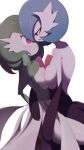  2girls bangs blue_hair blue_skin blush breast_press closed_mouth coffee-miffed colored_skin face-to-face gardevoir gen_3_pokemon green_hair green_skin heart heart-shaped_pupils highres multiple_girls parted_bangs pokemon simple_background symbol-shaped_pupils wavy_mouth white_background yuri 