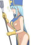  1girl :d aqua_(konosuba) bare_arms bare_shoulders blue_eyes blue_hair blue_headwear blush breasts cosplay cowboy_shot dragon_quest dragon_quest_iii eyebrows_visible_through_hair from_side gloves hat holding holding_staff long_hair medium_breasts mitre naked_tabard no_bra no_panties open_mouth priest_(dq3) priest_(dq3)_(cosplay) profile salpin sideboob sidelocks simple_background smile solo sparkle staff tabard v-shaped_eyebrows very_long_hair white_background yellow_gloves 