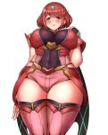 1girl bangs black_gloves breasts chest_jewel earrings fingerless_gloves gloves jewelry large_breasts pyra_(xenoblade) red_eyes red_hair red_legwear red_shorts short_hair short_shorts shorts solo swept_bangs thighhighs tiara tyranu xenoblade_chronicles_(series) xenoblade_chronicles_2 