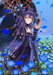  1girl black_wings blue_flower breasts cleavage closed_mouth crying dress eye_mask feathered_wings field fingernails flower flower_field from_side highres holding holding_mask holding_scythe horns juliet_sleeves large_breasts long_hair long_sleeves looking_at_viewer looking_to_the_side luicent mask mask_removed nail_polish pink_nails puffy_sleeves purple_dress purple_hair scythe smile solo standing tears very_long_hair watermark wings z/x 