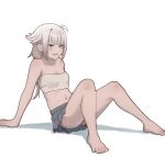  1girl ahoge arm_support bare_arms bare_legs barefoot blue_eyes cevio collarbone commentary_request eyebrows_visible_through_hair highres long_hair navel one_(cevio) open_mouth shadow simple_background solo strapless sweat toes tube_top vang_09 vocaloid white_background white_hair white_tubetop 