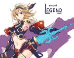  1girl blonde_hair blue_gloves blue_shorts brown_eyes cape closed_mouth commentary djeeta_(granblue_fantasy) elbow_gloves english_commentary floating_hair gloves granblue_fantasy highres holding holding_sword holding_weapon looking_at_viewer medium_hair midriff navel pink_cape runemill short_shorts shorts simple_background smile solo standing sword weapon white_background 