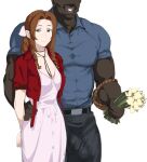  1boy 1girl aerith_gainsborough arm_around_waist belt black_belt black_pants blue_shirt bouquet breasts brown_hair bulge cleavage closed_mouth cropped_jacket dark-skinned_male dark_skin dress faceless faceless_male final_fantasy final_fantasy_vii flower green_eyes grin highres holding holding_bouquet interracial jacket jewelry large_breasts long_hair looking_at_viewer mikazukisou necklace open_clothes open_jacket pants pink_dress red_jacket shirt short_sleeves simple_background smile very_dark_skin white_background 