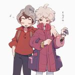  2boys ahoge bangs beanie bede_(pokemon) brown_hair buttons cable_knit closed_eyes coat commentary_request curly_hair gloves grey_headwear hat high_collar highres male_focus multiple_boys musical_note nodori710 open_mouth pants parted_lips partially_fingerless_gloves plaid pokemon pokemon_(game) pokemon_swsh purple_coat red_shirt shirt short_hair simple_background single_glove sleeves_rolled_up smile translation_request upper_teeth victor_(pokemon) watch white_background white_shirt wristwatch 