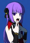  1girl black_choker black_ribbon blue_background choker copyright_request fangs fingernails green_nails hair_ribbon hands_up highres looking_at_viewer nail_polish open_mouth osame purple_eyes purple_hair ribbon sanpaku simple_background solo upper_body vest wristband 