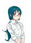  1girl blue_hair closed_mouth collared_shirt copyright_request highres long_hair looking_at_viewer low_ponytail mikazukisou ponytail red_eyes semi-rimless_eyewear shirt simple_background solo under-rim_eyewear white_background white_shirt wing_collar 