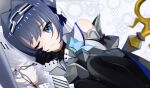  1girl blue_hair breasts chain gloves hair_intakes halo headband highres hololive hololive_english kubomi_943 large_breasts mechanical_halo ouro_kronii ribbon_earrings short_hair solo veil virtual_youtuber 