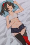  1girl asymmetrical_legwear bangs bare_arms bed_sheet beijuu black_hair black_legwear closed_eyes crop_top denim denim_shorts highres lying mismatched_legwear navel on_back open_mouth original pillow red_legwear short_hair short_shorts shorts sleeping solo thighhighs 