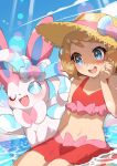  1girl :d absurdres bare_arms blonde_hair blue_eyes blush bow commentary_request day eyelashes frills gen_6_pokemon hat hat_bow highres lens_flare navel open_mouth outdoors pokemon pokemon_(anime) pokemon_(creature) pokemon_xy_(anime) serena_(pokemon) short_hair sitting sky smile straw_hat swimsuit sylveon taisa_(lovemokunae) teeth tongue water yellow_headwear 