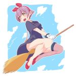  1girl black_dress bow breasts broom broom_riding cloud cosplay dress gloves hair_bow hairband high_heels kiki majo_no_takkyuubin nyantiu open_mouth original purple_hair red_bow short_hair smile solo white_gloves 