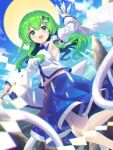  1girl absurdres armpits between_fingers blue_skirt blue_sky blush breasts cloud cloudy_sky collared_shirt detached_sleeves eyebrows_visible_through_hair frog_hair_ornament gohei green_eyes green_hair hair_between_eyes hair_ornament highres kochiya_sanae large_breasts long_hair long_sleeves nontraditional_miko ofuda open_mouth rope shimenawa shirt skirt sky snake_hair_ornament solo touhou white_shirt yuujin_(yuzinn333) 