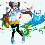  1girl absurdres bangs black_legwear bow breasts brown_hair commentary double_bun fire floating_hair gen_5_pokemon hand_up highres holding holding_poke_ball legwear_under_shorts long_hair open_mouth oshawott outstretched_arm pantyhose pink_bow plant poke_ball poke_ball_(basic) pokemon pokemon_(creature) pokemon_(game) pokemon_bw2 raglan_sleeves rosa_(pokemon) shirt shoes short_shorts shorts sneakers snivy starter_pokemon_trio tepig tongue trinity_pizza twintails upper_teeth vines visor_cap water yellow_shorts 