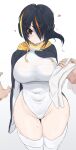  1girl arm_at_side bangs black_hair breasts brown_eyes cardigan closed_mouth covered_navel curvy disembodied_limb drawstring dripping emperor_penguin_(kemono_friends) eyebrows_visible_through_hair eyelashes eyes_visible_through_hair gradient gradient_background groin hair_over_one_eye hand_on_own_chest hand_up head_tilt headphones heart highleg highleg_leotard highres holding holding_towel hood hood_down hooded_cardigan kakanashi1 kemono_friends kneehighs large_breasts leotard long_sleeves looking_at_viewer medium_hair multicolored_hair open_cardigan open_clothes parted_bangs pov red_hair smile solo_focus streaked_hair taut_clothes taut_leotard thigh_gap towel two-tone_hair wet wet_clothes wet_face wet_hair white_leotard 