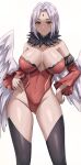  1girl absurdres ass_visible_through_thighs bare_shoulders black_legwear blush breasts brown_eyes cleavage closed_mouth collarbone covered_navel detached_sleeves facial_mark feathered_wings feet_out_of_frame forehead_mark frey_(tensei_shitara_slime_datta_ken) fur_collar groin hands_on_hips highleg highleg_leotard highres jasony large_breasts leotard long_sleeves red_leotard short_hair silver_hair simple_background smile solo standing strapless strapless_leotard tensei_shitara_slime_datta_ken thighhighs white_background white_wings wings 