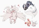  chandelure claws commentary_request dizzy_(feeling) fire flame frosmoth galarian_corsola galarian_form gen_3_pokemon gen_5_pokemon gen_8_pokemon grey_eyes highres legendary_pokemon looking_at_viewer no_humans nodori710 pokemon pokemon_(creature) reshiram simple_background spinda standing white_background white_fur yellow_eyes 