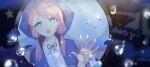  1girl 2019 :o ahoge aquarium arknights bangs blue_eyes blue_jacket blue_poison_(arknights) collared_shirt commentary copyright dart eyebrows_visible_through_hair fish highres hood hood_up hooded_jacket jacket long_hair long_sleeves low_twintails open_clothes open_jacket owenhiruno pink_hair shirt solo twintails upper_body white_shirt 