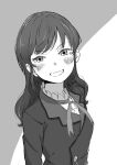  1girl aikatsu!_(series) blush buttons character_request double-breasted greyscale grin highres jacket long_hair long_sleeves looking_at_viewer monochrome osame smile solo 