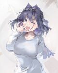  1girl 3m3rqld artist_name bangs blue_hair breasts casual chain collarbone grey_shirt hair_intakes hand_up headband highres hololive hololive_english large_breasts long_sleeves one_eye_closed open_mouth ouro_kronii shirt short_hair simple_background solo tears veil virtual_youtuber yawning 