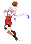  1girl armpits arms_up basketball basketball_jersey basketball_uniform bike_shorts black_footwear black_shorts blue_eyes clenched_teeth double_bun full_body hair_bun hair_intakes highres jumping long_hair magia_record:_mahou_shoujo_madoka_magica_gaiden mahou_shoujo_madoka_magica pink_hair red_shorts red_tank_top shoes shorts shorts_under_shorts simple_background sneakers solo sportswear tank_top teeth twintails white_background yakumo_mikage yappariga 