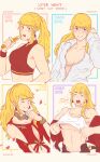  blonde_hair blush breasts chart cleavage cleavage_cutout closed_eyes clothes_lift clothing_cutout crop_top english_text final_fantasy final_fantasy_xiv highres looking_at_viewer lyse_hext meme open_clothes open_shirt sei_(seiryuuden) shirt_cut_meme shirt_lift sideboob underboob 