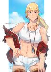  1girl abs armor blonde_hair blue_eyes collarbone crop_top final_fantasy final_fantasy_xiv greaves jacket jewelry lyse_hext muscular muscular_female navel necklace red_jacket sei_(seiryuuden) short_shorts shorts smile solo stomach thighhighs 