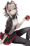  1girl :d antenna_hair apple arknights arm_at_side bangs black_jacket black_legwear black_skirt breasts brown_eyes eyebrows_visible_through_hair eyeshadow feet_out_of_frame food from_side fruit grey_shirt high_collar highres holding holding_food holding_fruit horns hutuu_(1121) injury jacket long_sleeves looking_at_viewer looking_to_the_side makeup medium_breasts miniskirt open_clothes open_jacket open_mouth pantyhose red_hair shirt short_hair silver_hair simple_background skirt smile solo w_(arknights) white_background 