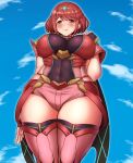  1girl bangs black_gloves breasts chest_jewel earrings fingerless_gloves gloves jewelry large_breasts pyra_(xenoblade) red_eyes red_hair red_legwear red_shorts short_hair short_shorts shorts solo swept_bangs thighhighs tiara tyranu xenoblade_chronicles_(series) xenoblade_chronicles_2 