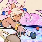  1girl backless_outfit billiards blonde_hair blush breast_press breasts cue_stick dark-skinned_female dark_skin earth_(planet) hair_ornament hollewdz hololive hololive_english large_breasts leaning_forward long_hair mars_(planet) moon open_mouth planet planet_hair_ornament pool_table saturn_(planet) solo tsukumo_sana twintails underbust very_long_hair virtual_youtuber yellow_eyes 