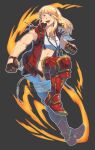  1girl armor biceps blonde_hair blue_eyes crop_top final_fantasy final_fantasy_xiv fingerless_gloves gloves greaves highres jacket jewelry lyse_hext muscular muscular_female necklace open_mouth ponytail red_jacket red_legwear sei_(seiryuuden) short_shorts shorts smile solo 