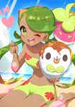  1girl ;d absurdres bangs barefoot bounsweet bowl cloud commentary_request dark-skinned_female dark_skin day eyelashes gen_7_pokemon green_eyes green_hair green_swimsuit heart highres holding holding_bowl holding_spoon long_hair mallow_(pokemon) navel one_eye_closed open_mouth outdoors pokemon pokemon_(anime) pokemon_(creature) pokemon_sm_(anime) rowlet sand shaved_ice shore sitting sky smile spoon swept_bangs swimsuit taisa_(lovemokunae) teeth themed_object toes tongue twintails water 