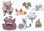 berry_(pokemon) blush closed_eyes commentary_request dragonair fennekin flying_sweatdrops gen_1_pokemon gen_2_pokemon gen_3_pokemon gen_5_pokemon gen_6_pokemon gen_7_pokemon gengar gigantamax gigantamax_gengar golisopod heart highres holding larvitar leaf looking_up minccino mouth_drool mouth_hold no_humans nodori710 open_mouth pokemon pokemon_(creature) red_eyes simple_background snivy standing swablu teeth tongue tongue_out vanilluxe white_background 